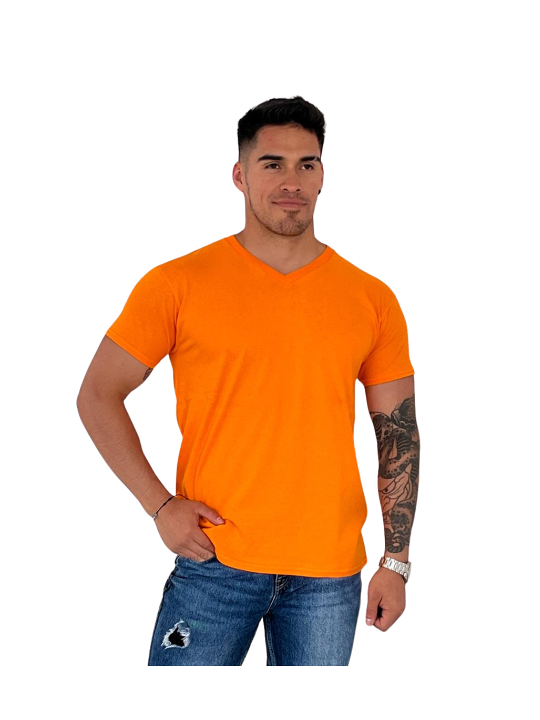 Camiseta De Canalé De Algodón Cotonella Para Hombre - Cuello En V, Básica, Art. 8405