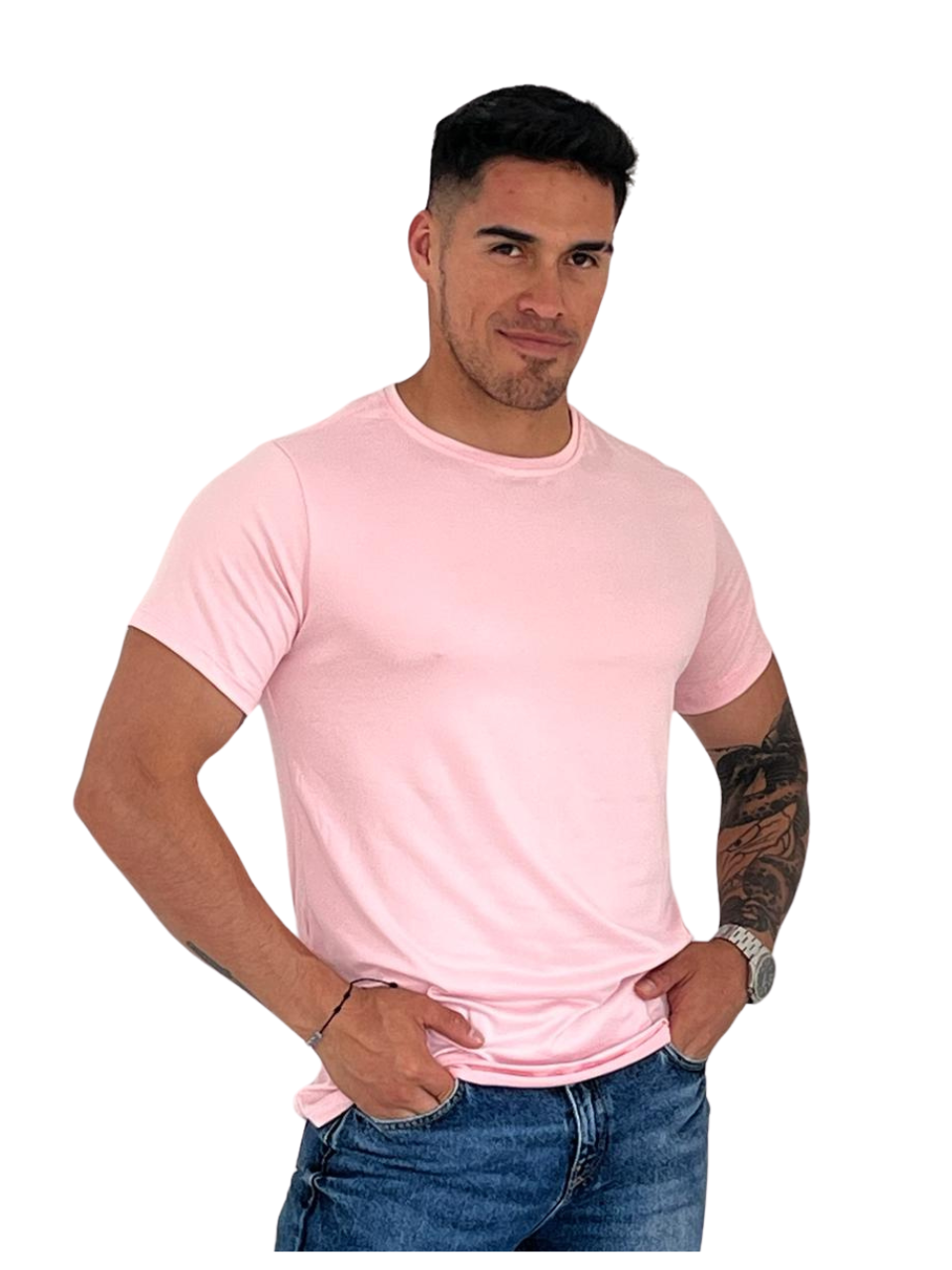 Camiseta hombre piel durazno cuello redondo colores