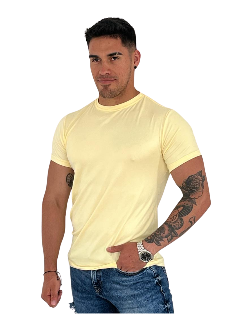 Camiseta hombre piel durazno cuello redondo colores